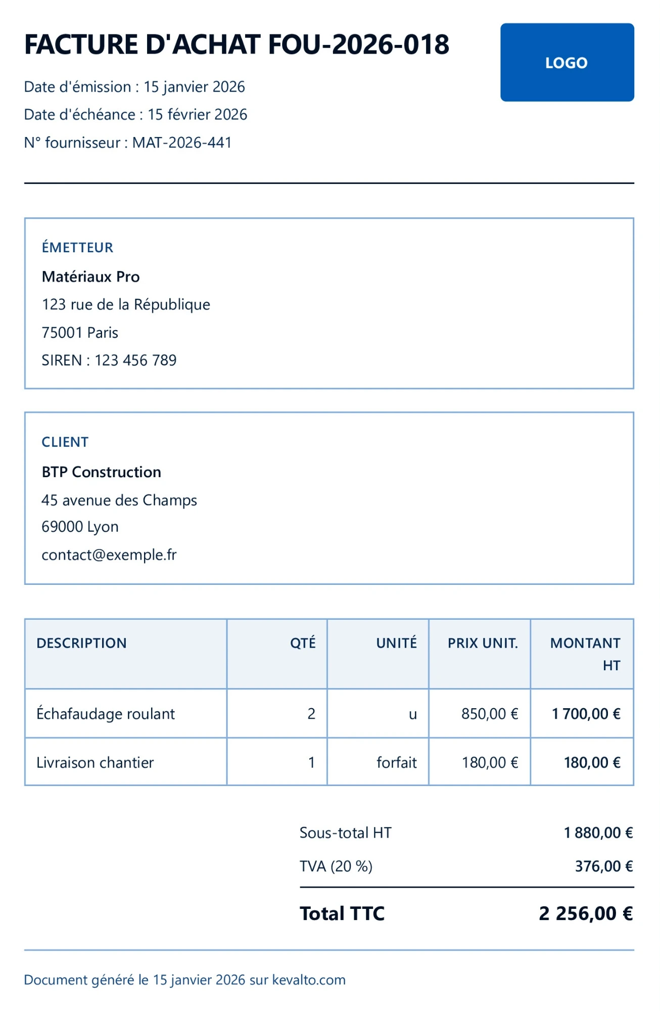 Exemple facture d'achat Kevalto